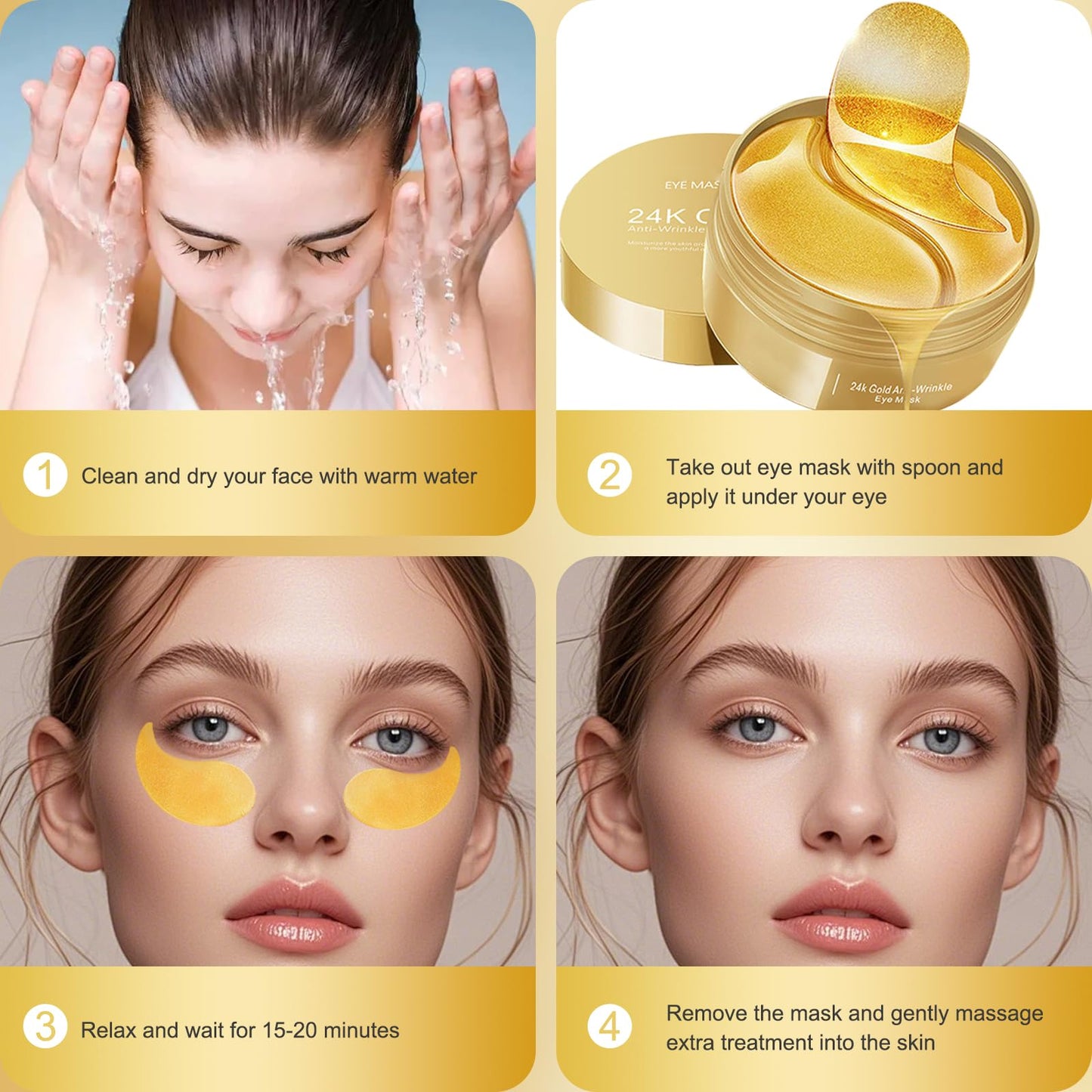 Ledeak 24K Gold Eye Mask, 60 Pcs Hydrating Under Eye Patches for Women Men, Anti Wrinkle Under Eye Gel Patches, Eye Gel Pads Skincare Set for Reduce Puffy and Dark Circles