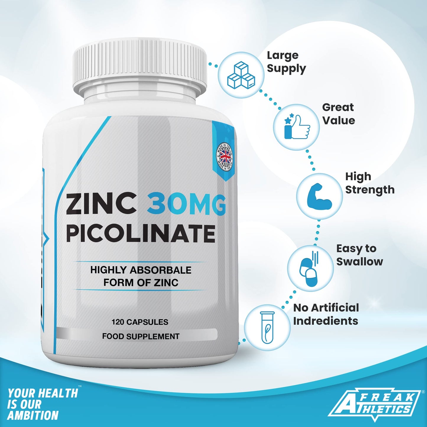 Zinc 30mg as Picolinate 120 Capsules Made in The UK by Freak Athletics