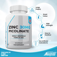 Zinc 30mg as Picolinate 120 Capsules Made in The UK by Freak Athletics