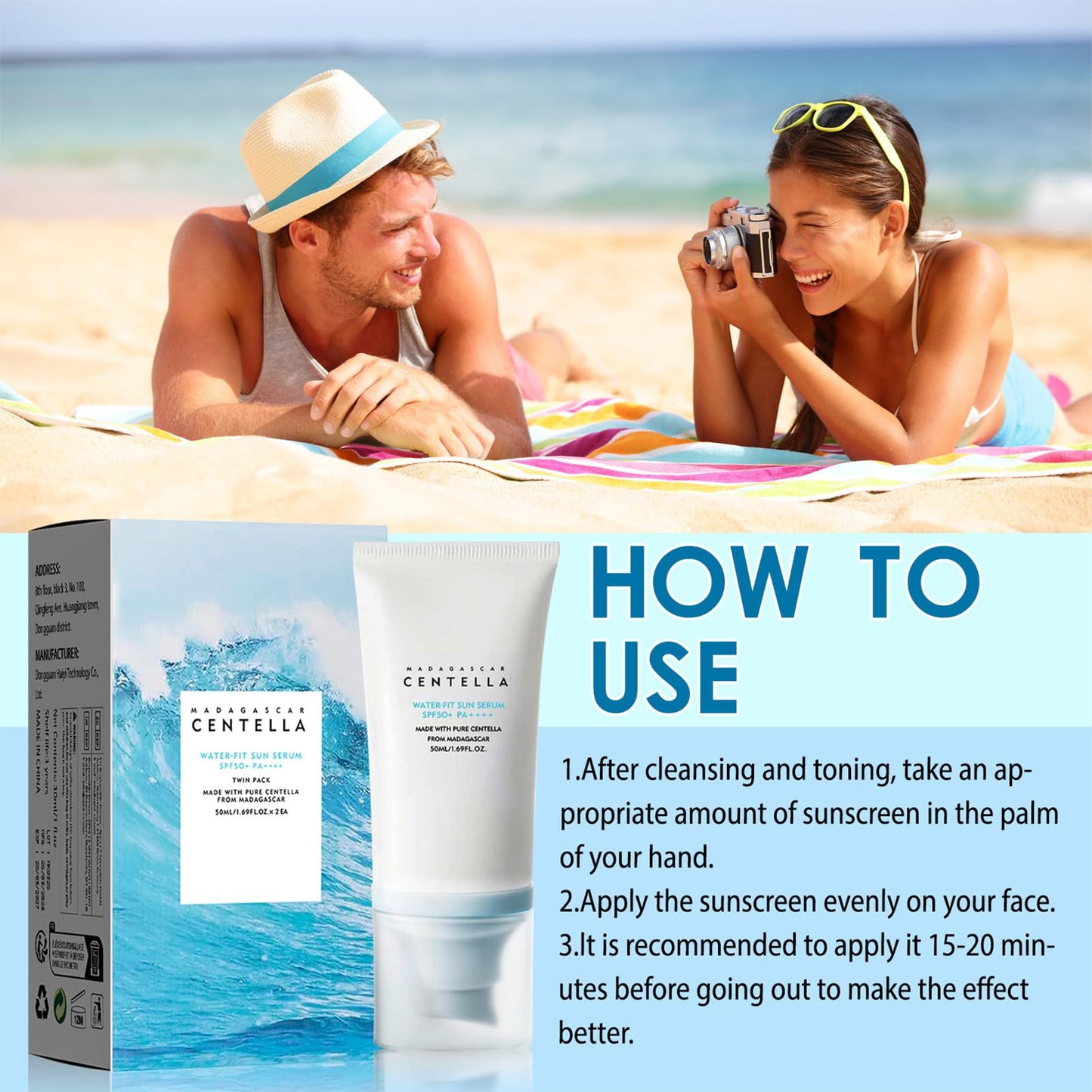 Centella Sun Cream SPF 50, Face Sun Cream SPF 50 For Against UVA & UVB, Korean Sunscreen SPF 50 For Hydrating Suncream Serum, Non Greasy & Refreshing SPF 50 Face Moisturiser, Moisturizing