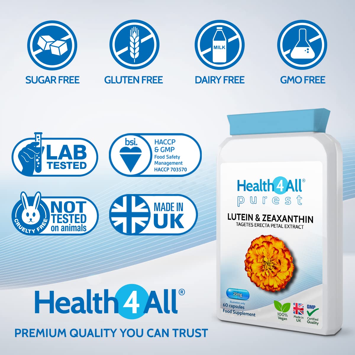 Health4All Lutein and Zeaxanthin Supplement 25mg 60 Capsules - Purest Vegan Eye Supplement for Eye Health, Natural Eye Vitamins for Eye Care and Eye Floaters Relief