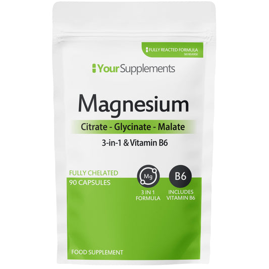 YourSupplements Magnesium Glycinate 3in1 by Your Supplements | UK Made | Magnesium Glycinate, Malate & Citrate 90 High Absorption Capsules | Suitable for Vegetarians & Vegans
