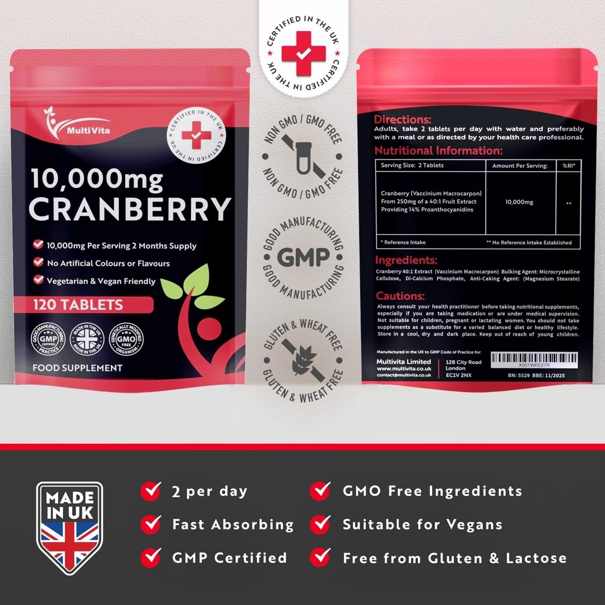 Cranberry Tablets 10,000mg 120 Vegan Tablets 2 Months Supply - High Strength Supplement for Women and Men Cranberry Extract for Urinary Tract Bladder and Kidney Support (not Capsules) UK Made GMO Free