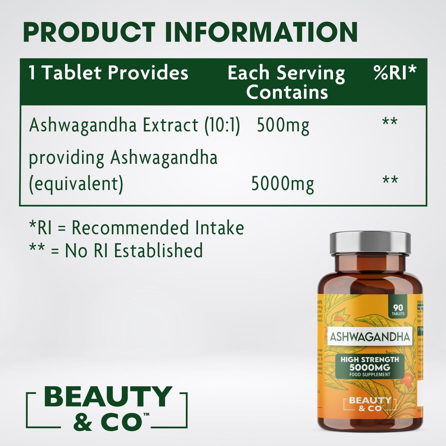 Beauty & Co Ashwagandha 5000mg Tablets, High Strength Ashwagandha- Pure Ashwagandha, Vegan, Made in UK 4 x 90 (360).