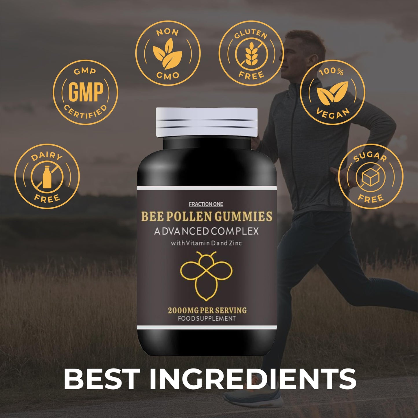 Fraction One Bee Pollen Gummies - 120 Gummies - 4 months Supply - 2000mg Bee Propolis with 100% NRV Vitamin D & Zinc per serving - Immune Boosting - Digestive Aid - Anti-inflammatory - Antiviral & Antibacterial