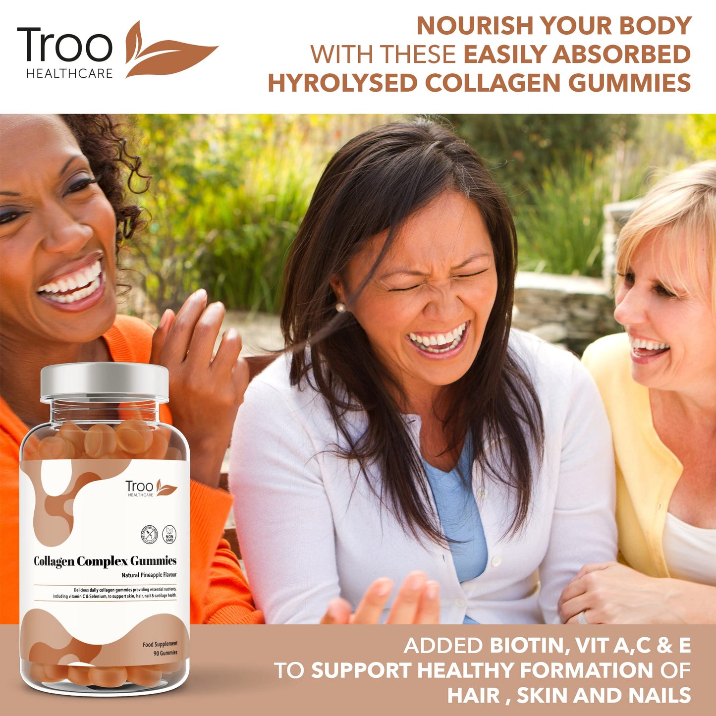 Troo Health Care Collagen Complex - 90 Natural Pineapple Flavour Chewable Gummies - One Per Day Hydrolysed Collagen with Biotin, Vitamin C and Selenium - Three Months Supply – Healthy Skin and Hair for Men and Women