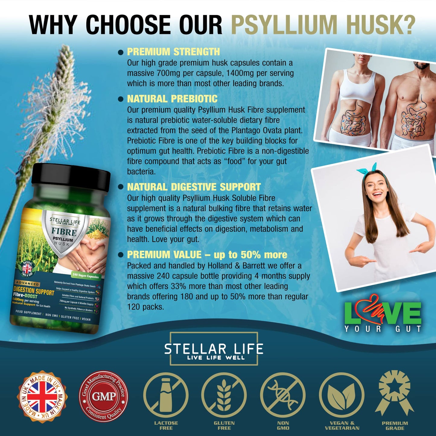 240 X Psyllium Husks Fibre Supplement – 1400mg per Serving – Naturally High in Soluble Fibre – High Strength Vegan Capsules – 4 Months Supply – Made in The UK