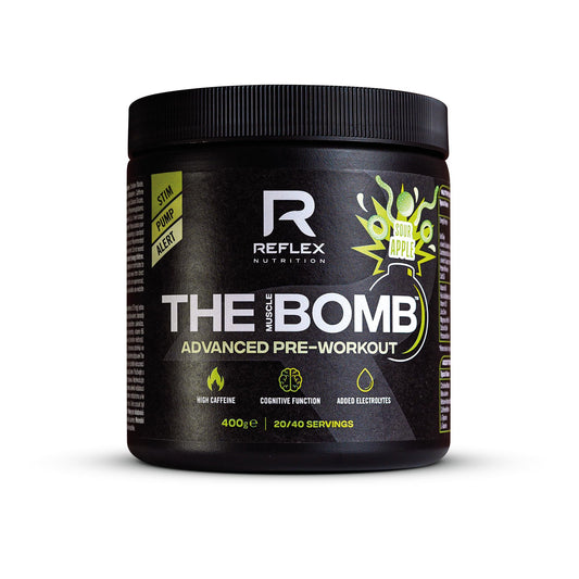 Reflex Nutrition Pre Workout The Muscle Bomb 350mg Caffeine 9g Citrulline Malate 2.5g Beta Alanine Added Hydration Electrolytes (Sour Apple, 400g)