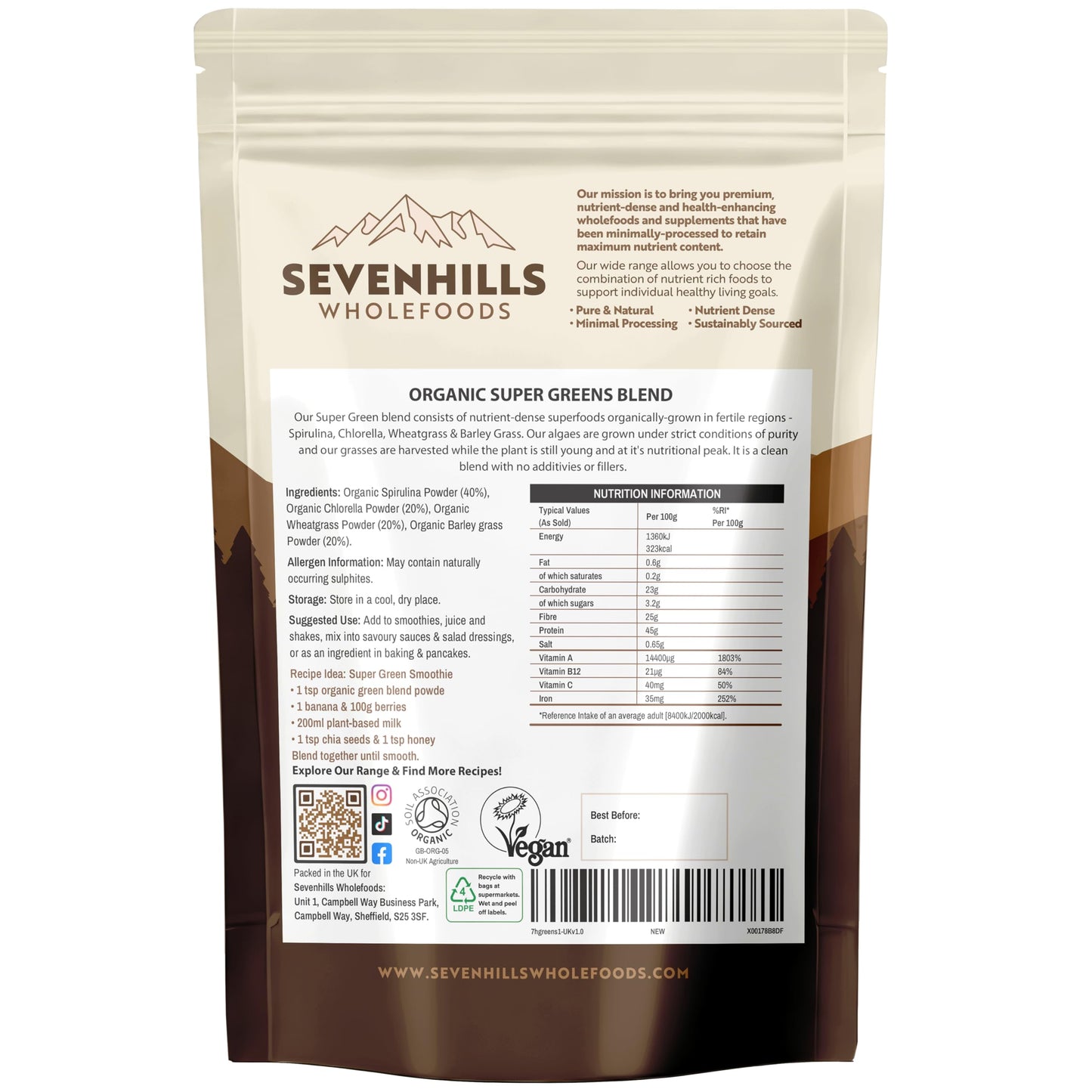 Sevenhills Wholefoods Organic Super Greens Blend 200g with Spirulina, Chlorella, Wheatgrass, Barley Grass | Supports Skin, Immunity & Reduce Tiredness | 40 Servings | UK Made