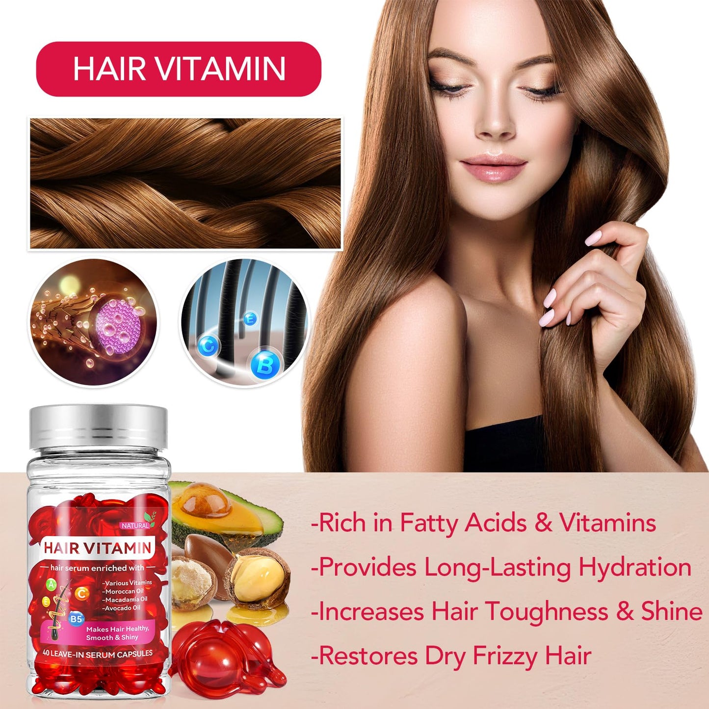 OBNOSWLPJMN 40 PCS Hair Vitamin Serum Capsule, Hair Treatment Serum Enriched with Moroccan Macadamia Avocado Oils, Vitamins A C E Pro B5, No Rinse and Safe for All Hair