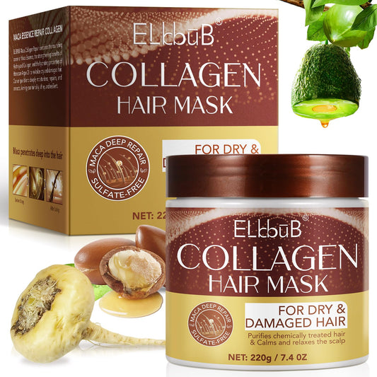 ELBBUB Collagen Hair Mask with Peruvian Ginseng, Avocado Oil, Marigold & Chamomile - Deep Repair Treatment for Dry, Damaged Hair - Restores Shine, Hydration & Strength - Suitable for All Hair Types