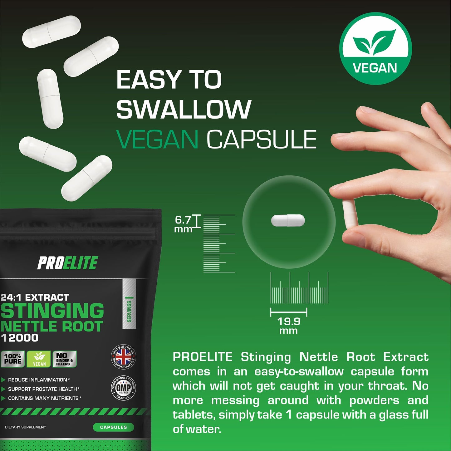 Stinging Nettle Root | 30 Capsules Vegan - 24:1 Extract 12,000mg Nettle Root per Capsule | High Strength Stinging Nettle Alternative to Powder NO Fillers & Binders | Made in UK by PROELITE