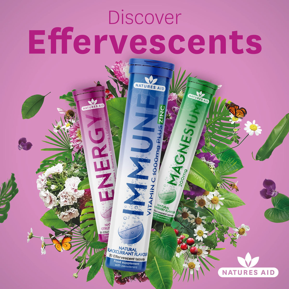 Natures Aid Immune Effervescent 20 Tablets – Supports Immune Health & Energy – Vitamin C 1000mg & Zinc - High Strength Fizzy Supplement – Blackcurrant Flavour – Vegan, Gluten Free, Non-GMO