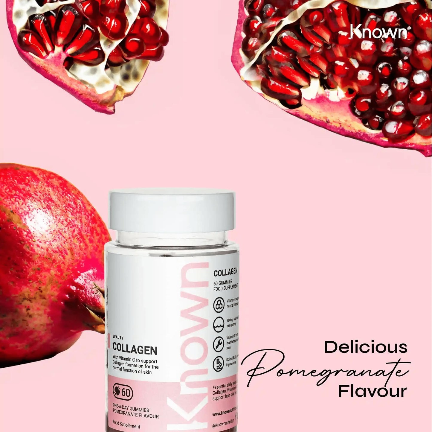 Marine Collagen Gummies by Known Nutrition with Vitamin C | 60 One-a-Day 500mg Hydrolysed Marine Collagen Gummies | Supporting Hair, Skin & Nails | Pomegranate Flavour (1)