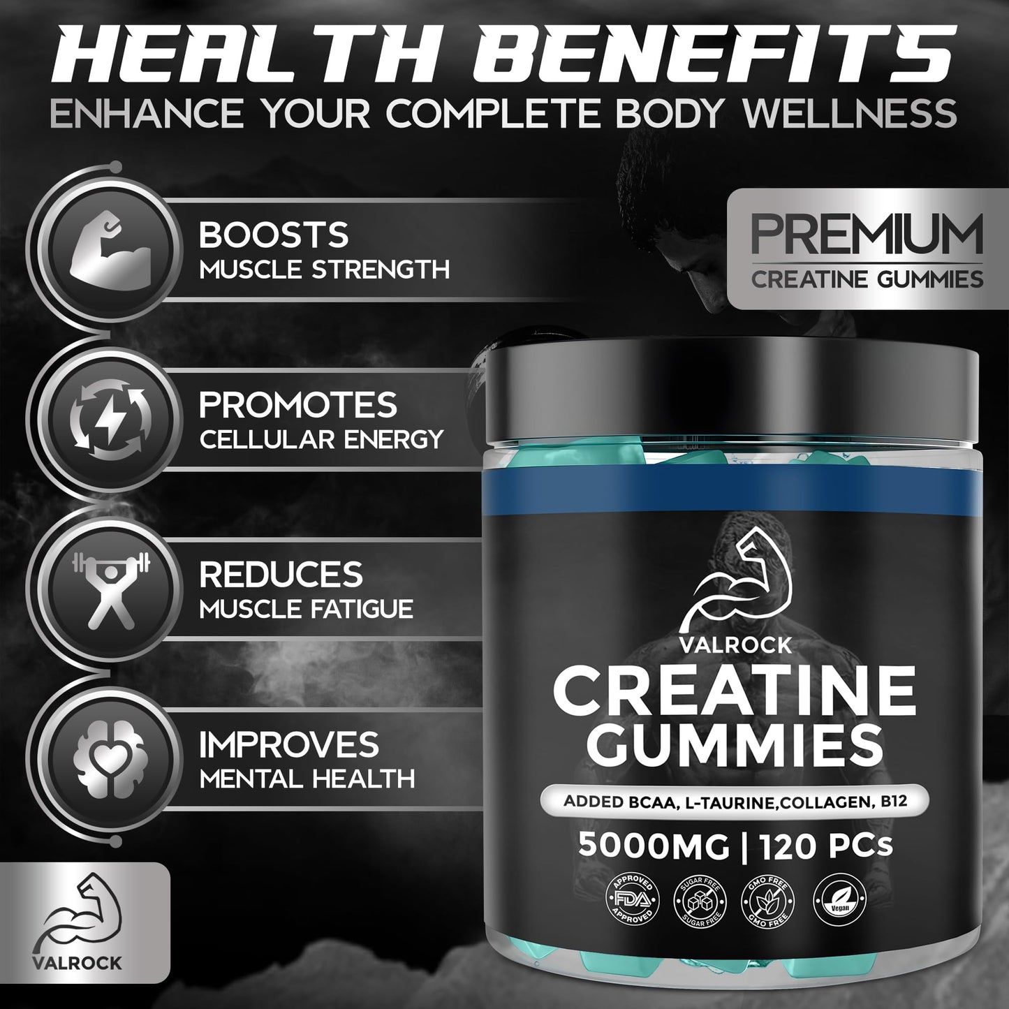 Valrock Creatine Monohydrate 5000mg 120 Gummies for Men | Added L-Taurine, BCAA's, Collagen, B12 | Muscle Growth Gains | Chewable Gummies, Mixed Berry Flavour (1 Month Supply)