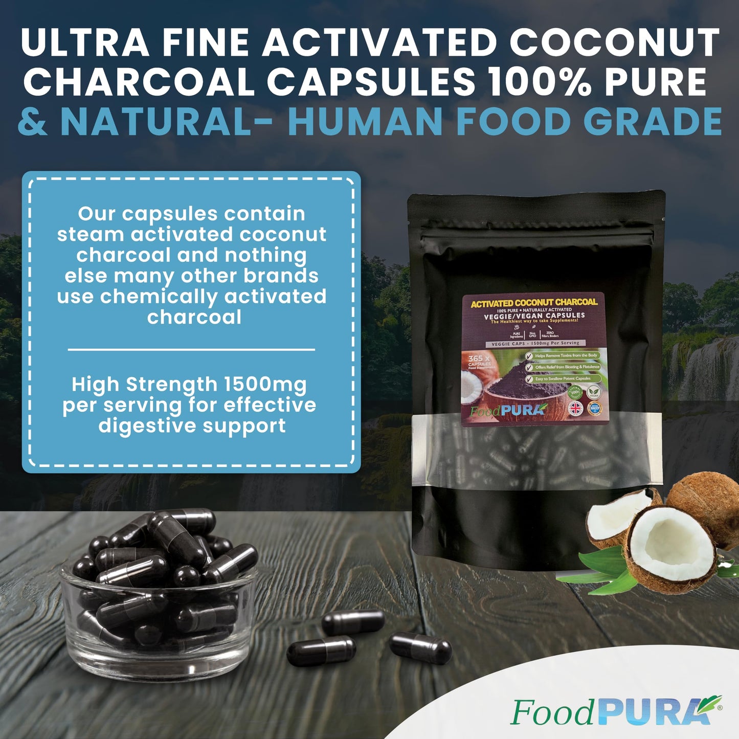 FoodPURA Coconut Activated Charcoal Capsules 1500mg x 365 100% Natural Vegan Digestive Supplement Reduces Bloating & Flatulence After Eating (365)