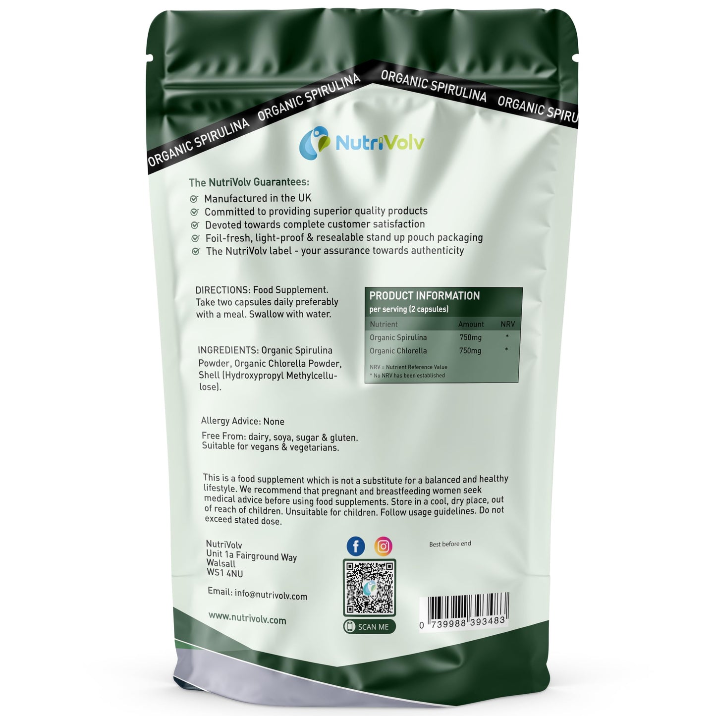 Spirulina & Chlorella | 3 Months Supply | 180 Capsules | 1500mg Per Serving | Pure - No Additives | Vegan & Non-GMO | Broken Cell Wall | by NutriVolv