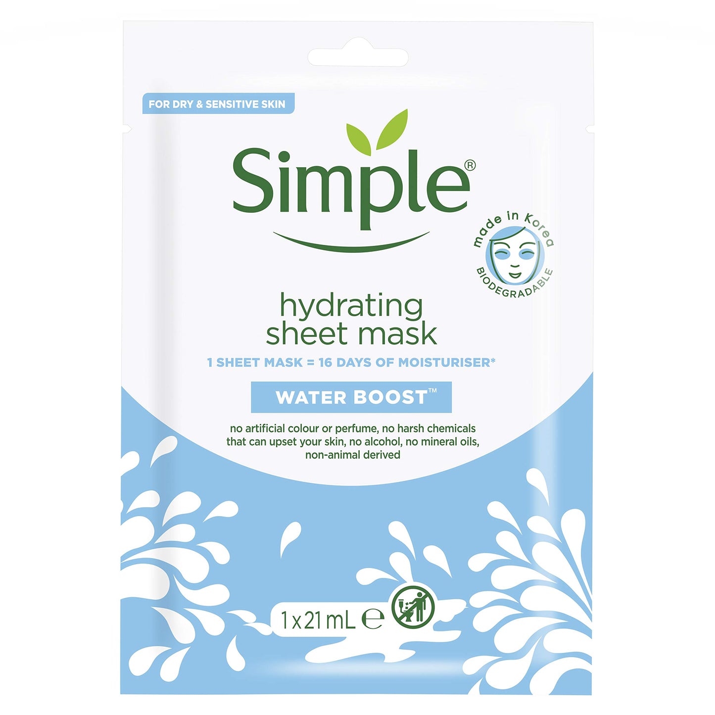 Simple Hydrating 16 days' worth of moisturiser in just 15 minutes Sheet Mask face mask for dry skin 1 pc