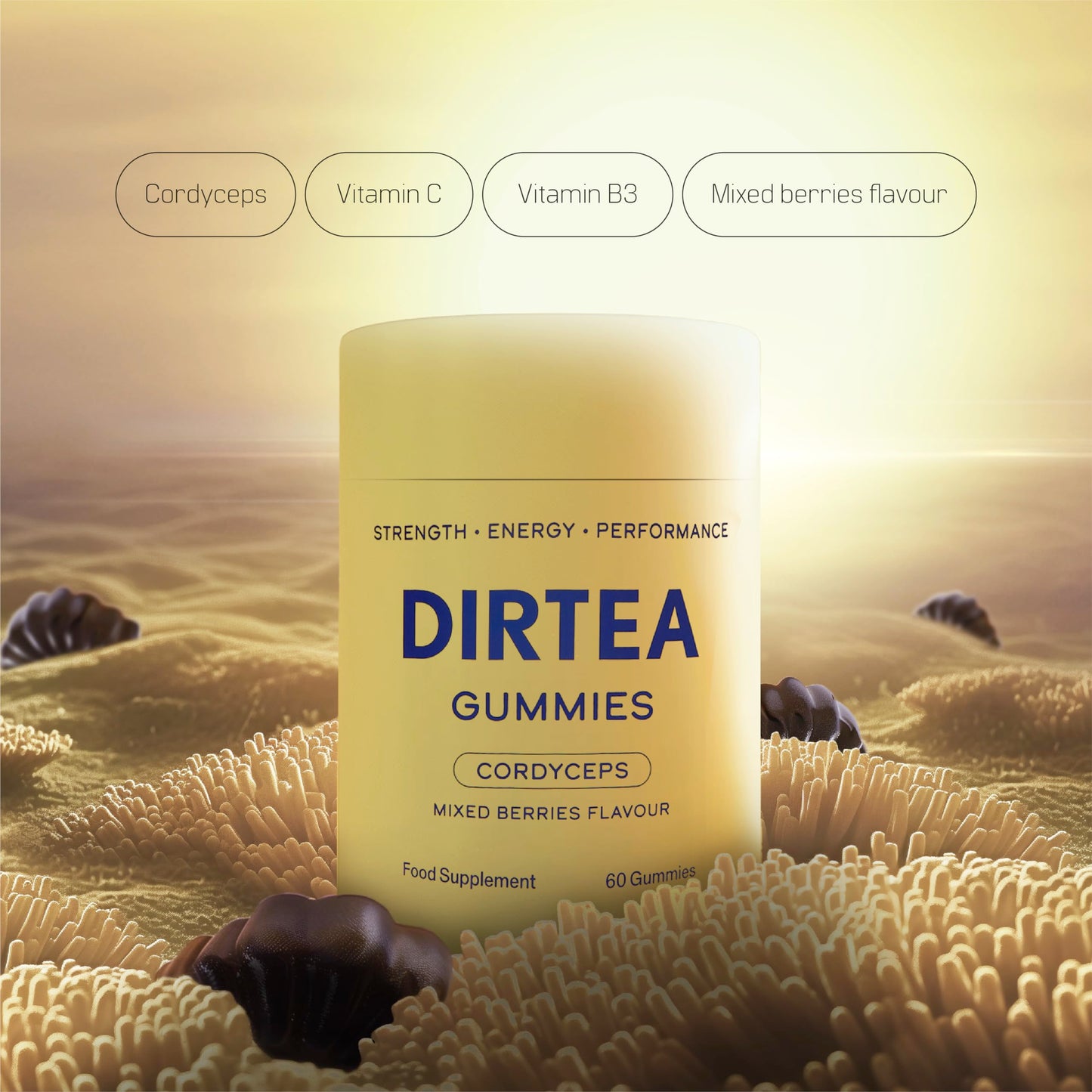 DIRTEA 60 Cordyceps Mushroom Gummies | 3,000mg / Serving | Vegan, Natural & Sugar Free | Vitamin C, B3 & B5 | Energy & Performance Supplement | 60 Gummies (30 Servings) - Mixed Berries Flavour