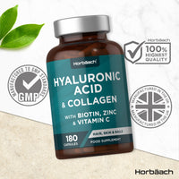 Horbäach Hyaluronic Acid Supplement with Collagen | 180 Capsules | High Strength Complex with Biotin, Zinc and Vitamin C | Hair, Skin and Nails Formula | by Horbaach