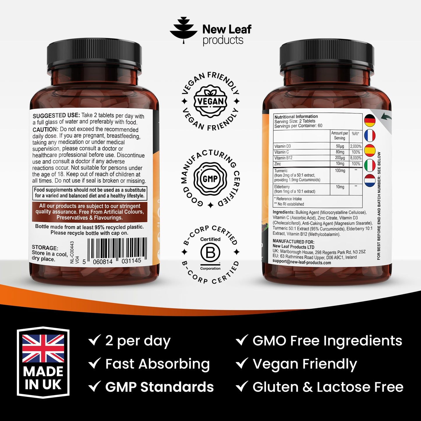 NEW LEAF PRODUCTS Vitamin D3 Immune Booster Complex - with Vitamins D,C, B12, Zinc, Turmeric & Elderberry - Immune Support - Made in the UK - Immunity Booster by New Leaf 120 Tablets