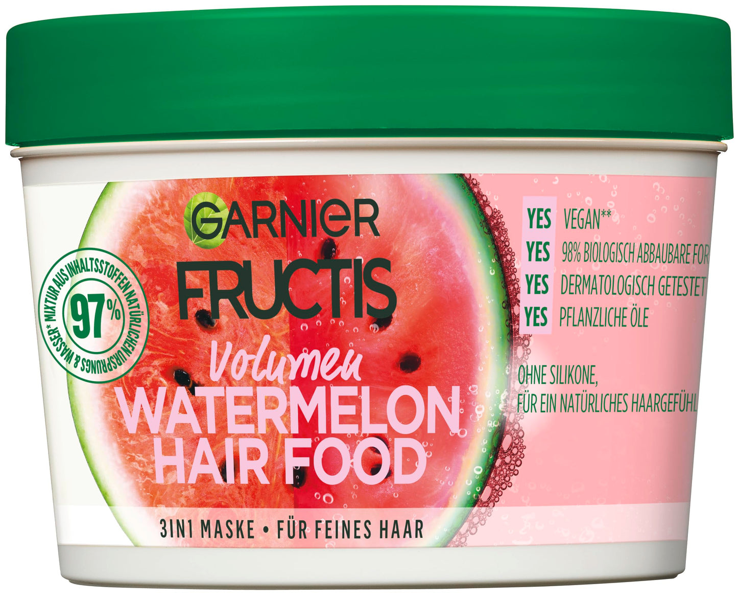 Garnier Hair Mask, Watermelon Hairfood, Moisturising 3-in-1 Mask, Gently Detangles Fine Hair and Gives Unrivalled Shine, Fructis, 390 ml