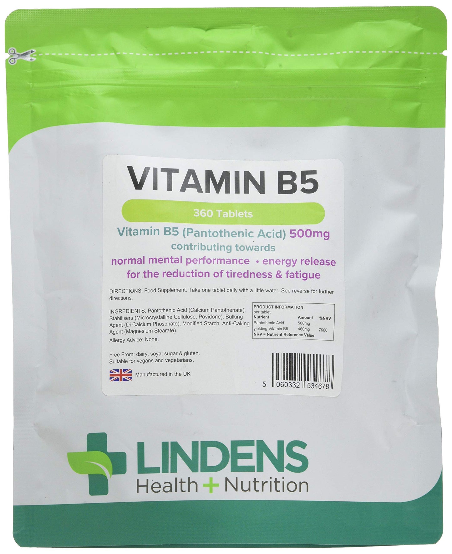 Lindens Vitamin B5 500mg Tablets - 360 Pack - 7666% Nrv Dose Contributes Towards Mental Performance, Normal Metabolism & Reduction of Tiredness - UK Manufacturer, Letterbox Friendly