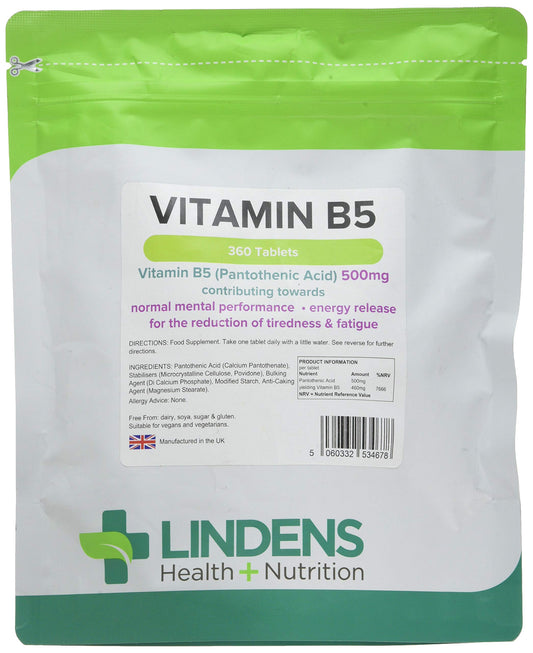 Lindens Vitamin B5 500mg Tablets - 360 Pack - 7666% Nrv Dose Contributes Towards Mental Performance, Normal Metabolism & Reduction of Tiredness - UK Manufacturer, Letterbox Friendly