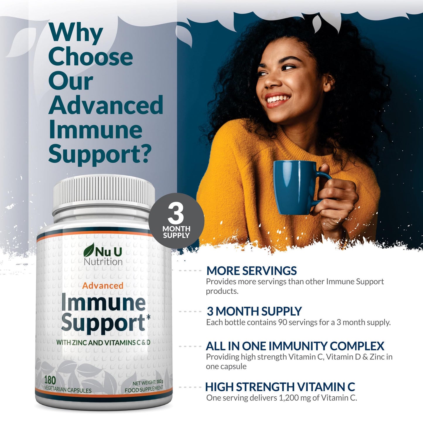 Immune Support - Vitamin C 1200mg and Zinc 40mg & Vitamin D3 1000IU - 180 Vegetarian Capsules - 3 Month Supply - Made in The UK by Nu U Nutrition