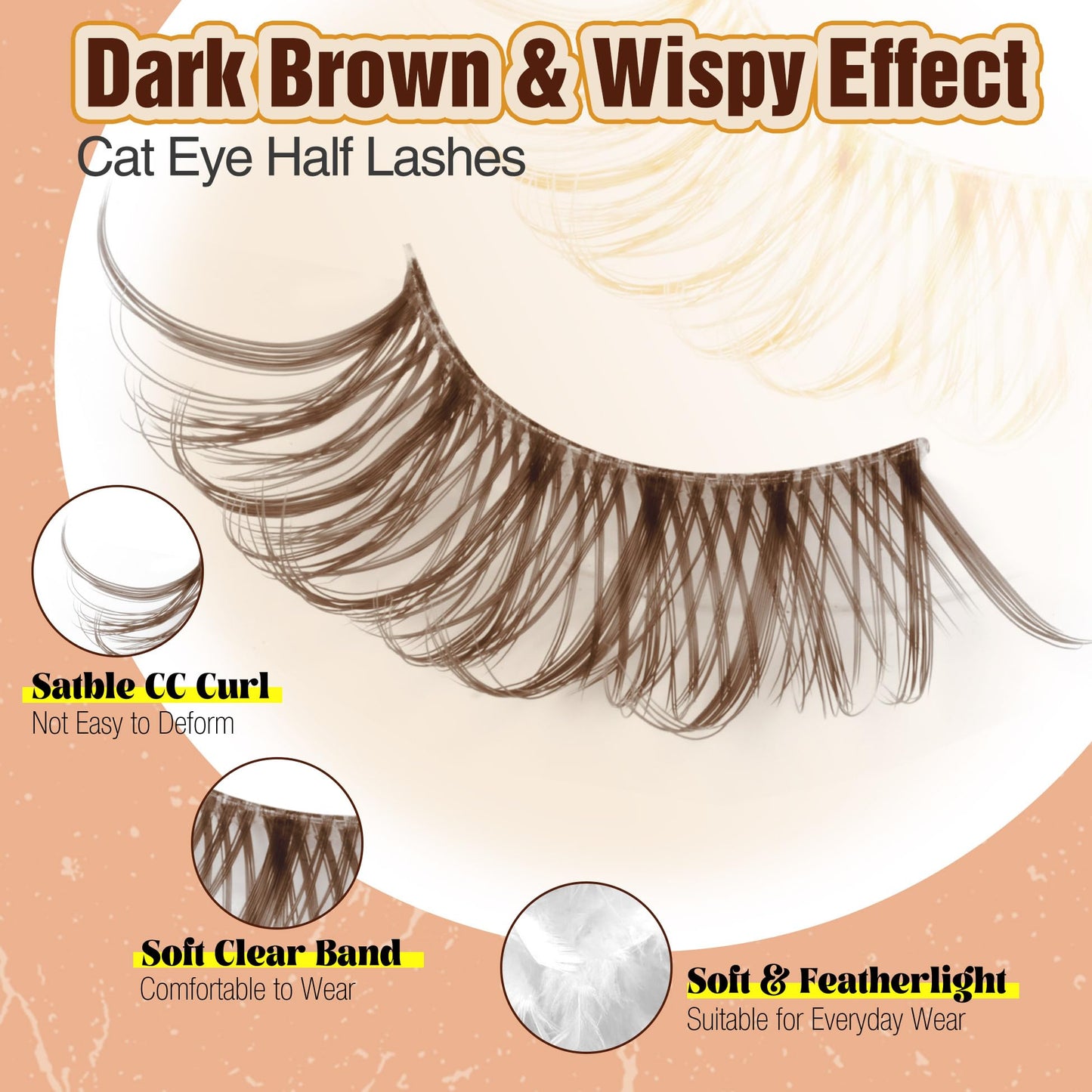 Half Lashes Brown Lash Strips Clear Band Eyelashes Natural Fake Eyelash Wispy False Lash Pack 8 Pair CC Curl Dark Brown Half Eyelashes 3/4 Corner Falsies