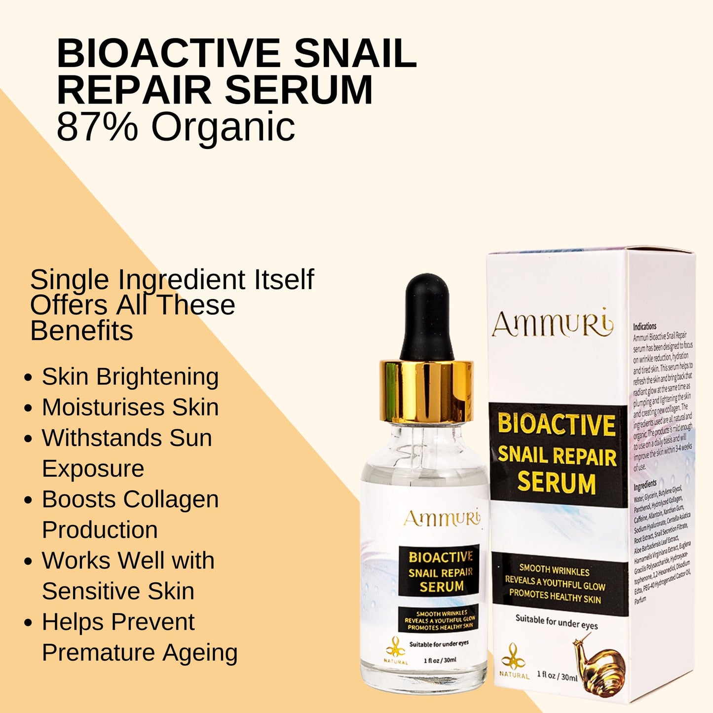 Ammuri AmmuRi Advanced Snail 96 Mucin Power Essence, Korean Snail Mucin Serum & Face Moisturiser for Deep Hydration, Skin Repair & Radiant Complexion with 96% Snail Secretion Filtrate, Korean Skincare