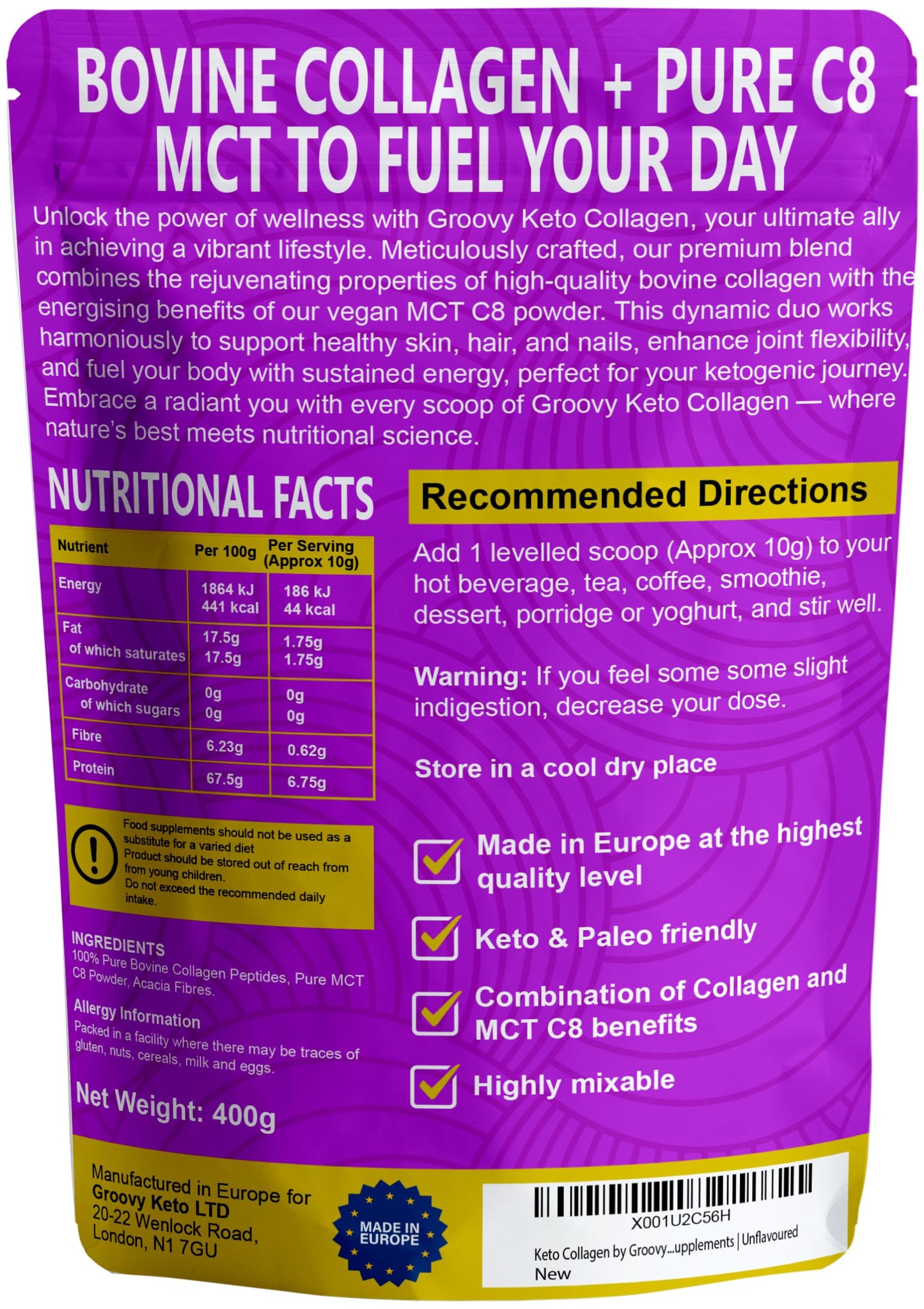 Keto Collagen by Groovy Keto | Bovine Collagen Peptides Powder + MCT C8 Powder | Hydrolysed Collagen & MCT C8 Oil | Sugar Free | Keto Friendly | Collagen Supplements | Unflavoured