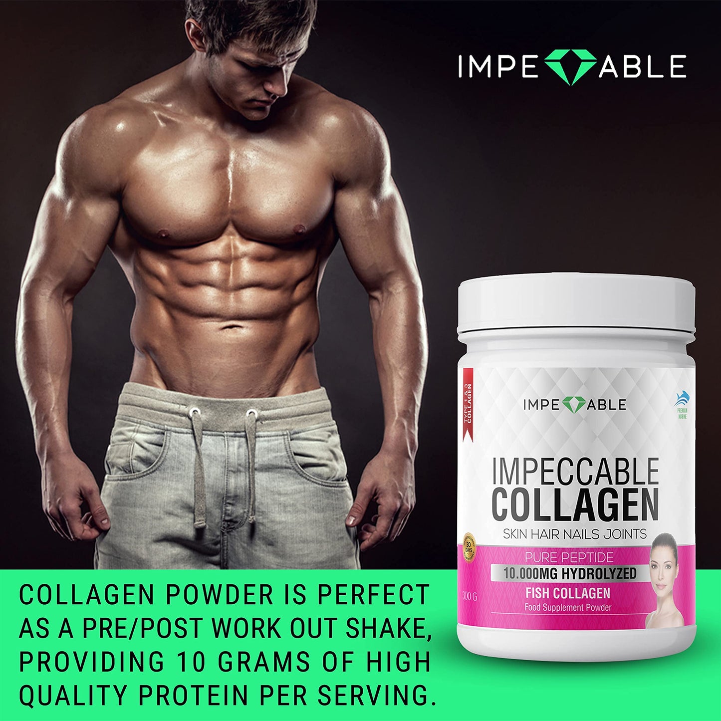 IMPECCABLE Collagen Premium 10.000 mg Pure peptide hydrolyzed Marine Collagen Powder| Nails & Skin|Healthy Joints |Hair Growth| Wild Caught| Supplements for Women and Man|300 gr 30 Days’ Supply