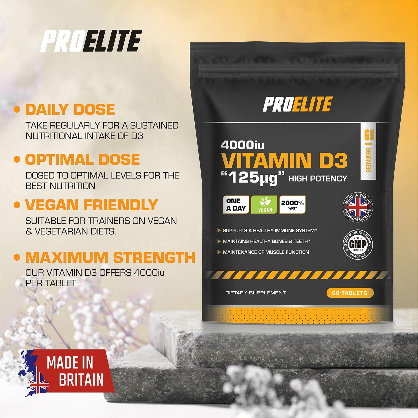 PROELITE Vitamin D3 4000 iu - Vitamin D Tablets - 180 Tablets - Vegan - Vitamin D Supplements - Immune System Booster - Made in The UK - Gluten Free