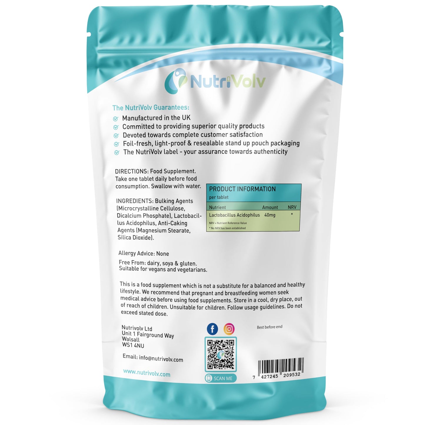 NutriVolv Probiotic 6 Billion CFU | 60 Tablets | Lactobacillus Acidophilus Supplements Perfect for Bacteria Culture, Colon | Support Healthy Gut Microbiome & Digestion System | Bloating Relief | UK Made