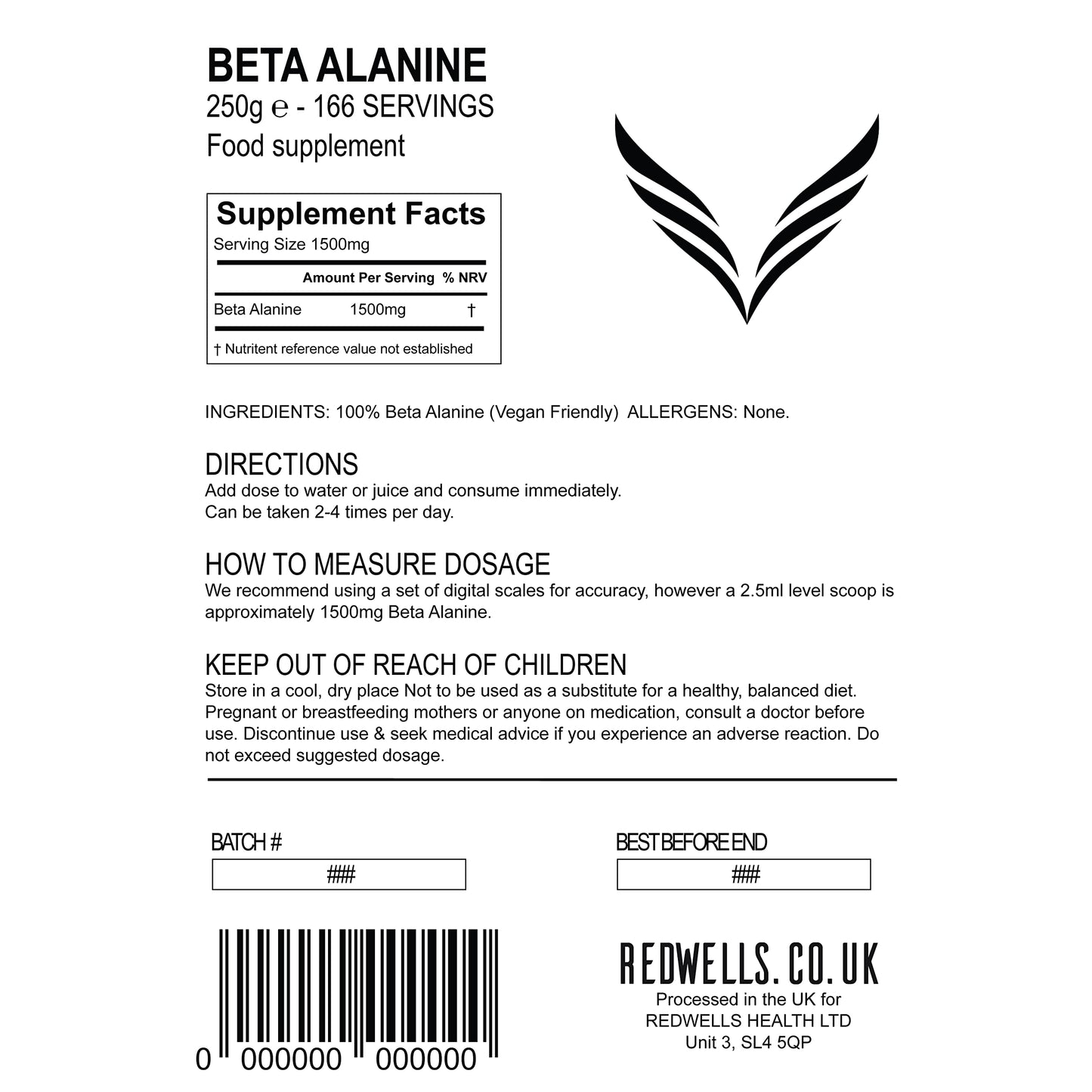 Beta Alanine Powder REDWELLS Premium Quality No Additives Amino Acid - 250g Pack