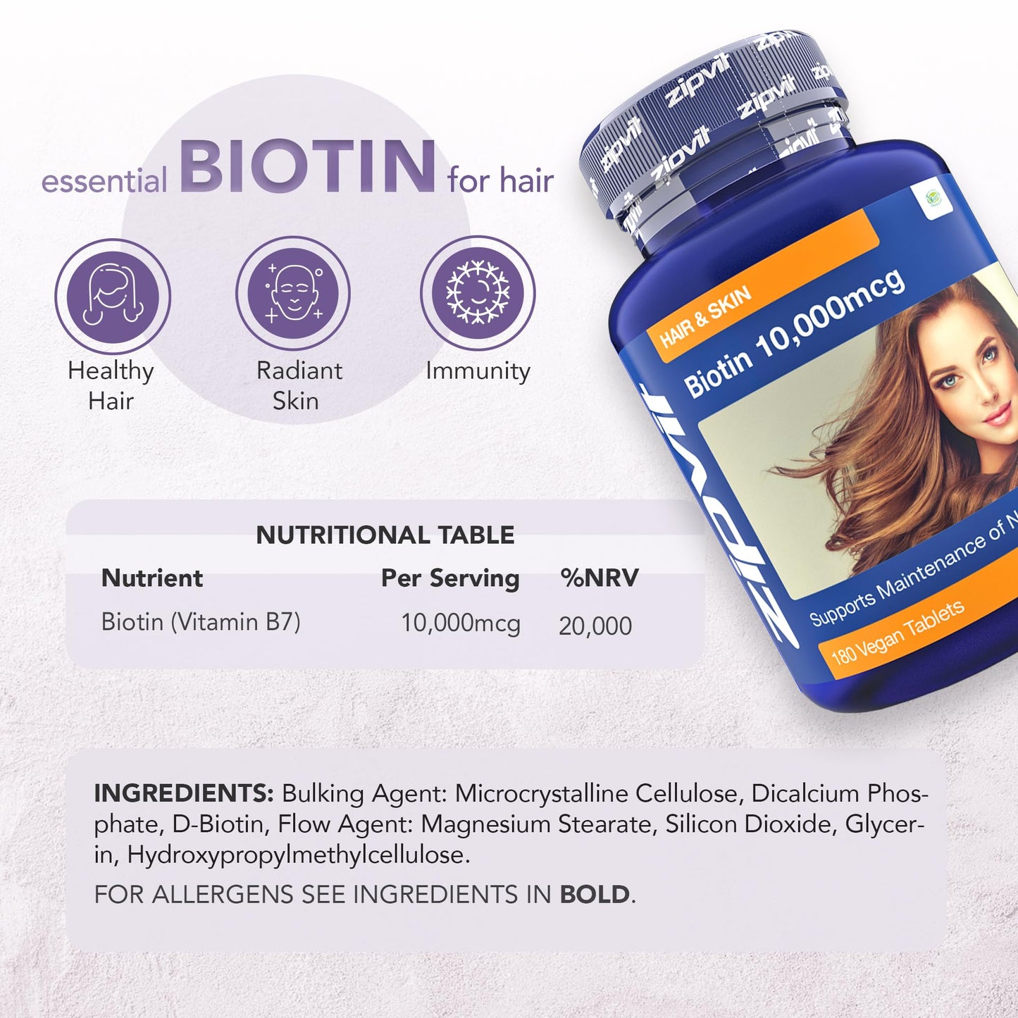 Zipvit Biotin Hair Growth Supplement 10000mcg, 180 Vegan Tablets (6 Months Supply). High Strength Biotin for Hair and Skin. Supports Hair Growth & Skin Health. Vegan Hair Vitamins for Women & Men