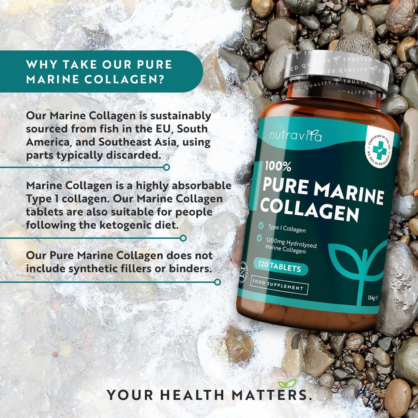 100% Pure Marine Collagen - 120 Tablets (Not Collagen Powder/Collagen Capsules) - 2 Months Supply - Collagen Supplements for Women & Men - Premium Type 1 Hydrolysed Collagen Peptides - Nutravita