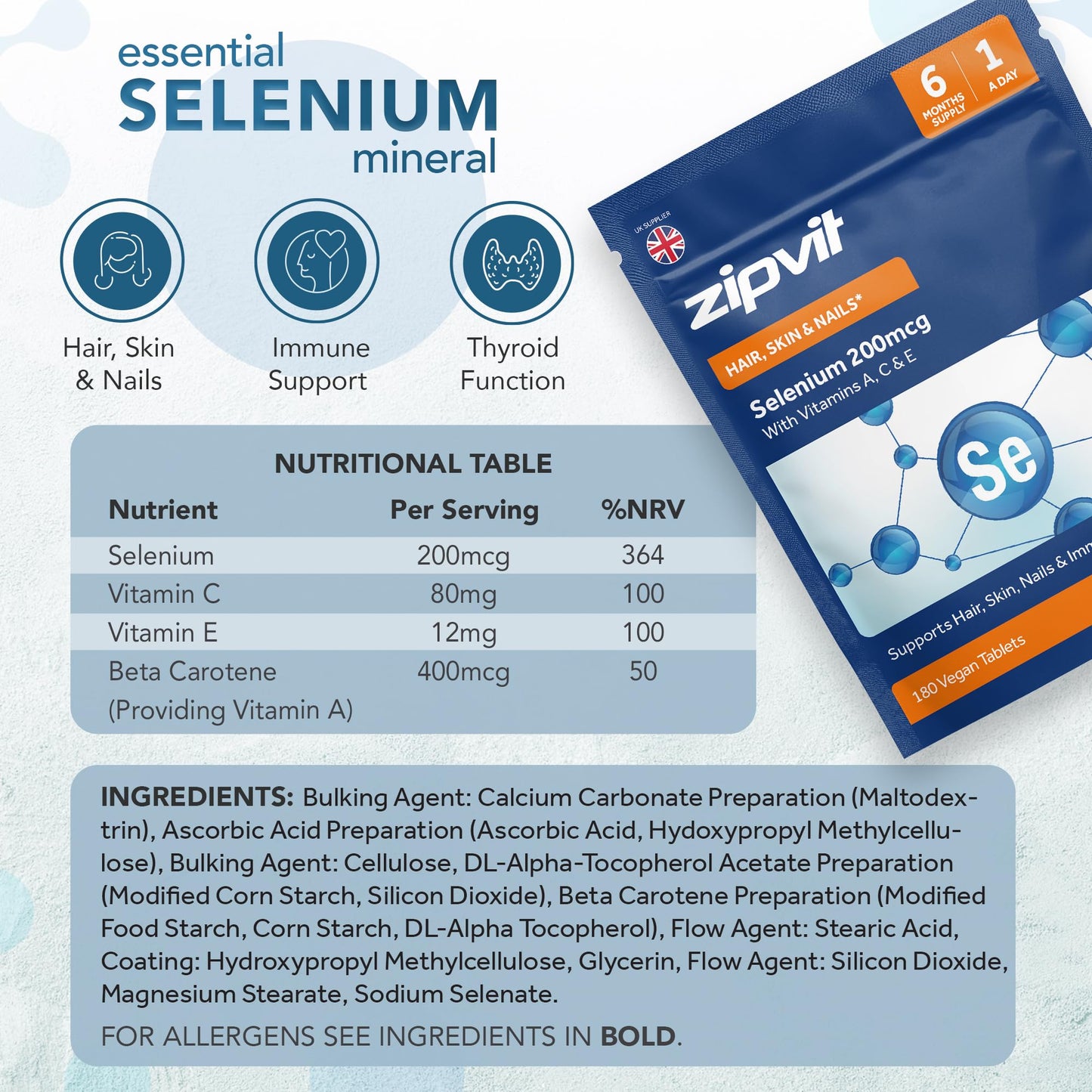 Zipvit Selenium 200mcg with Vitamins A, C, E Pouch. 180 Vegan Tablets. Supports Normal Thyroid, Skin, Hair & Nails, Immune System, and Antioxidant Protection. 6 Month Supply. UK Supplier.