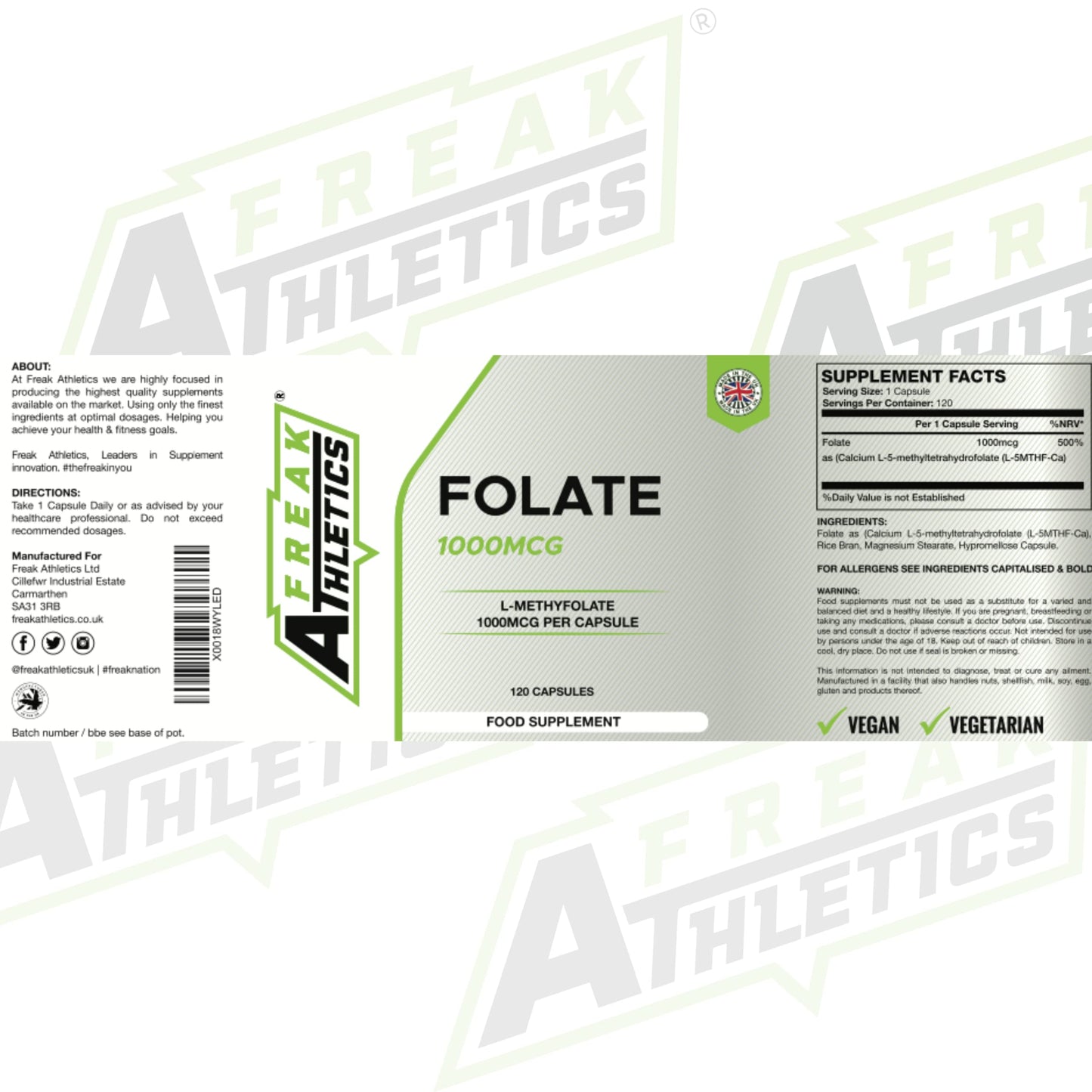 Freak Athletics Folate 1000mcg (L-Methylfolate) 120 Capsules, 5-MTHF Active Form of Folic Acid/Vitamin B9