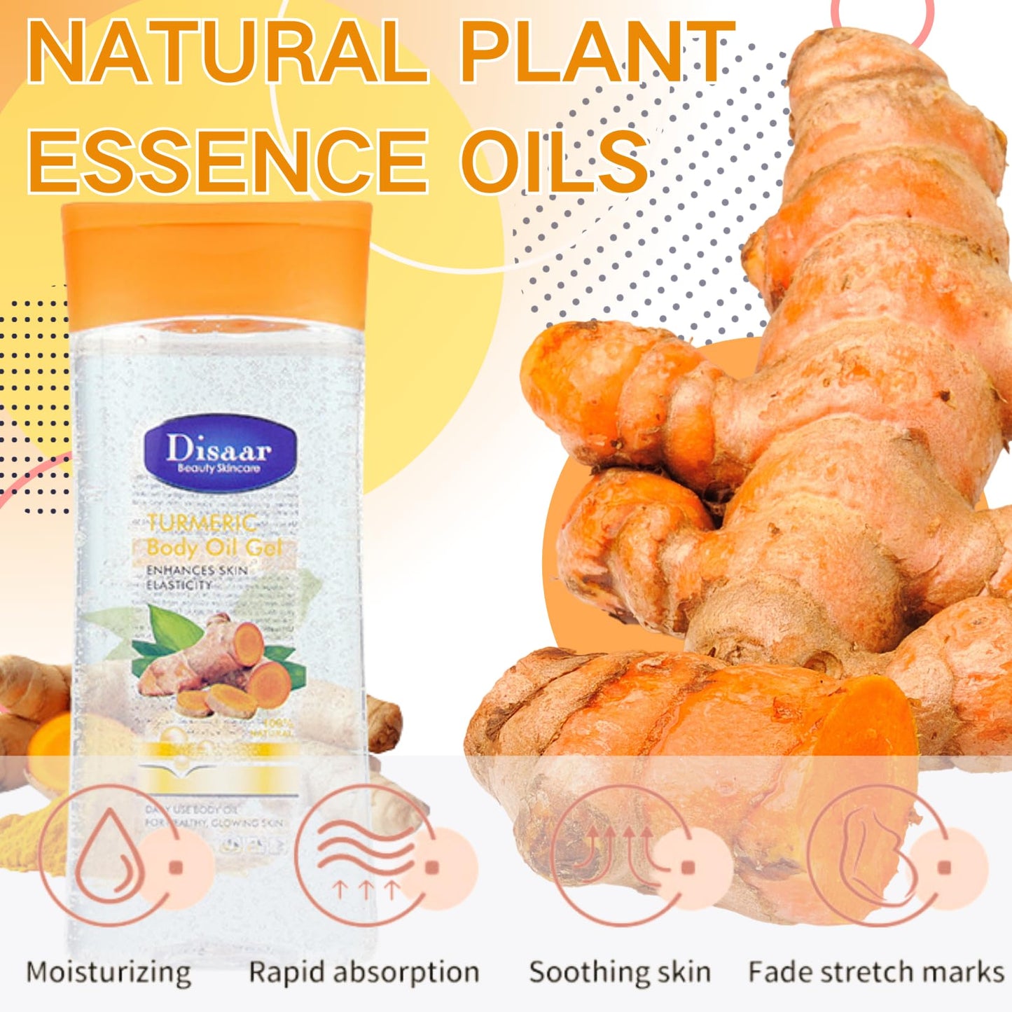 Body Oil Gel - Turmeric Oil - Essential Oils for Skin - Massage Oil for Face&Body Oil - Nourish Facial Oil - Body Moisturiser for Dry Skin - Enhance Skin Elasticity&Absorbed(200ML, Turmeric)