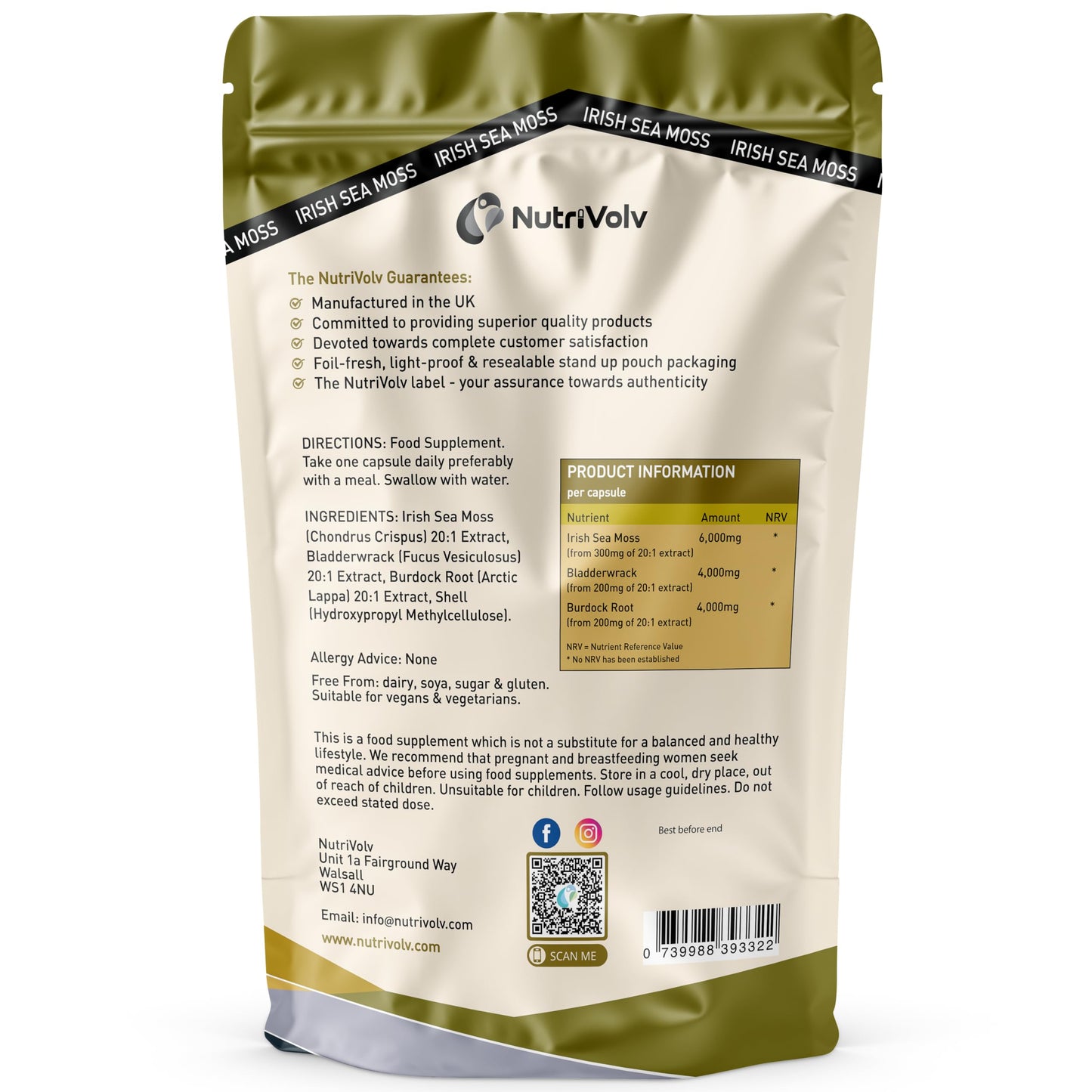 NutriVolv Irish Sea Moss, Bladderwrack & Burdock Root Complex 14,000mg | 120 High Strength Capsules Providing 120 Day Supply | North Atlantic Irish Sea Moss Supplement | No Fillers or Binders | Vegan & UK Made