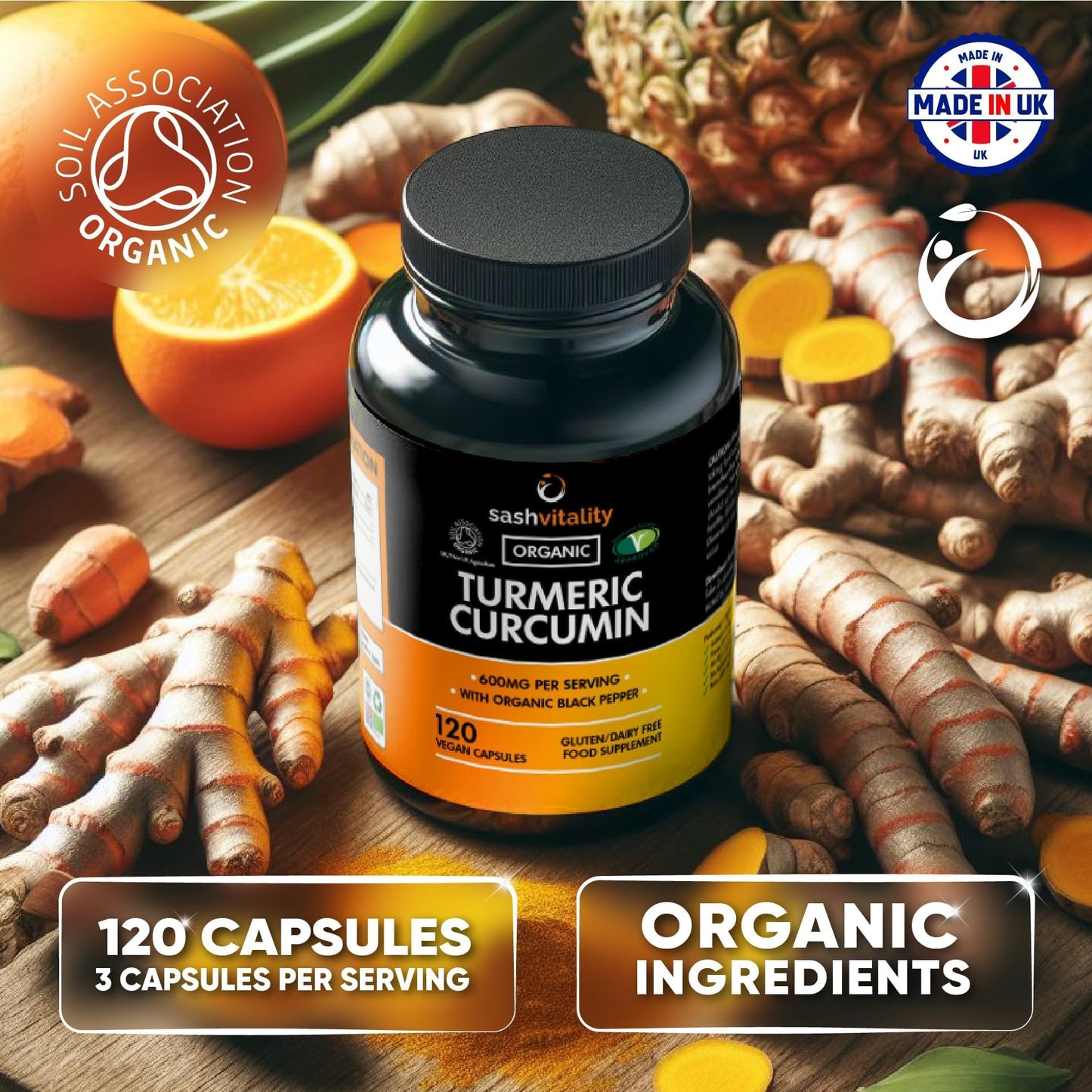 SASH Vitality Organic Turmeric Curcumin 600mg Serving with Organic Black Pepper | 120 Vegan Capsules | High Potency Antioxidant & Absorption | Certified Organic Supplement – UK Made Sash Vitality