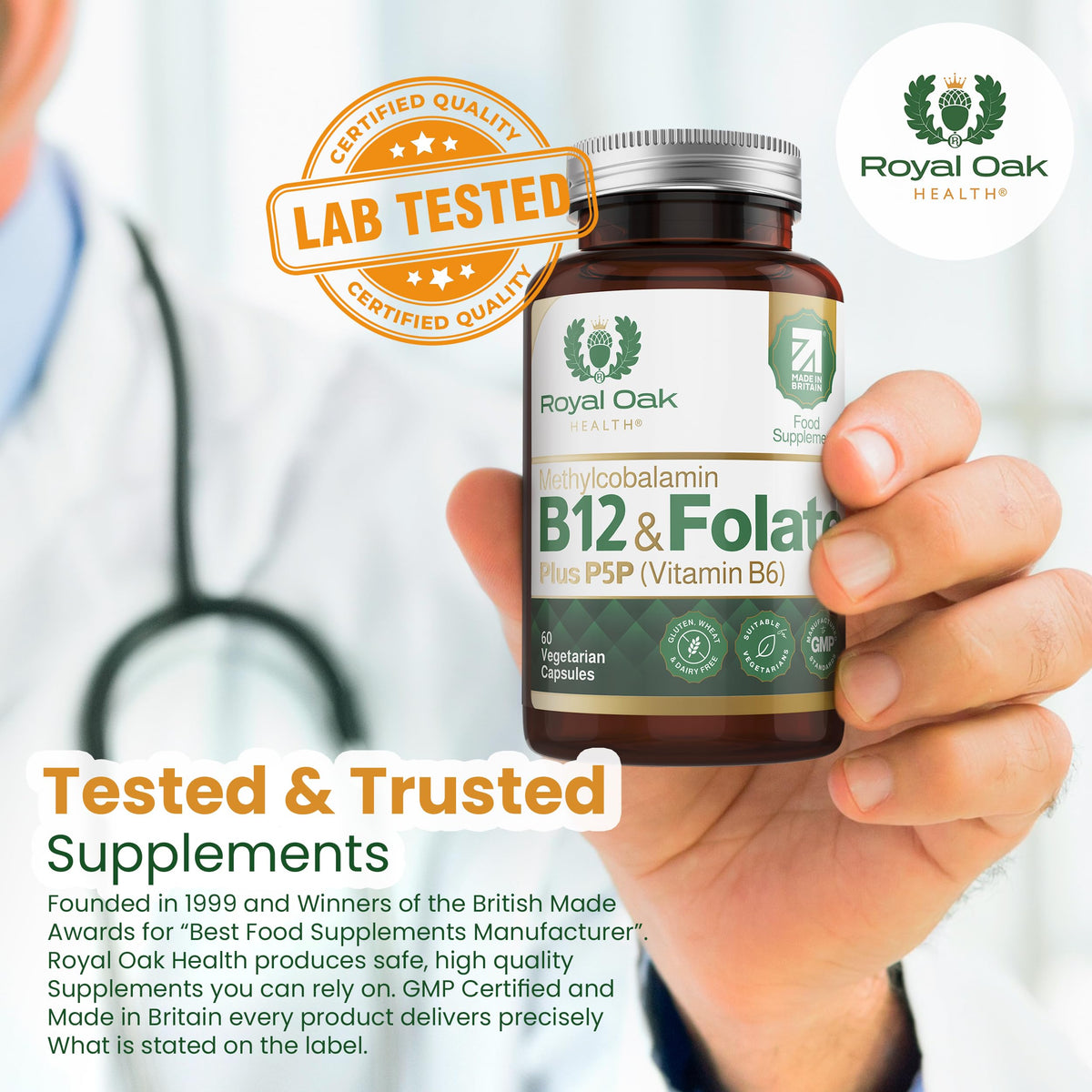 Royal Oak Health Vitamin B12 & Methyl Folate Supplement with P5P Vitamin B6 (60 Capsules / 2 Month Supply) Active Form 400μg l-Methylfolate Folic Acid, Vitamin B6, B9 & B12 Vitality Formula. UK Made