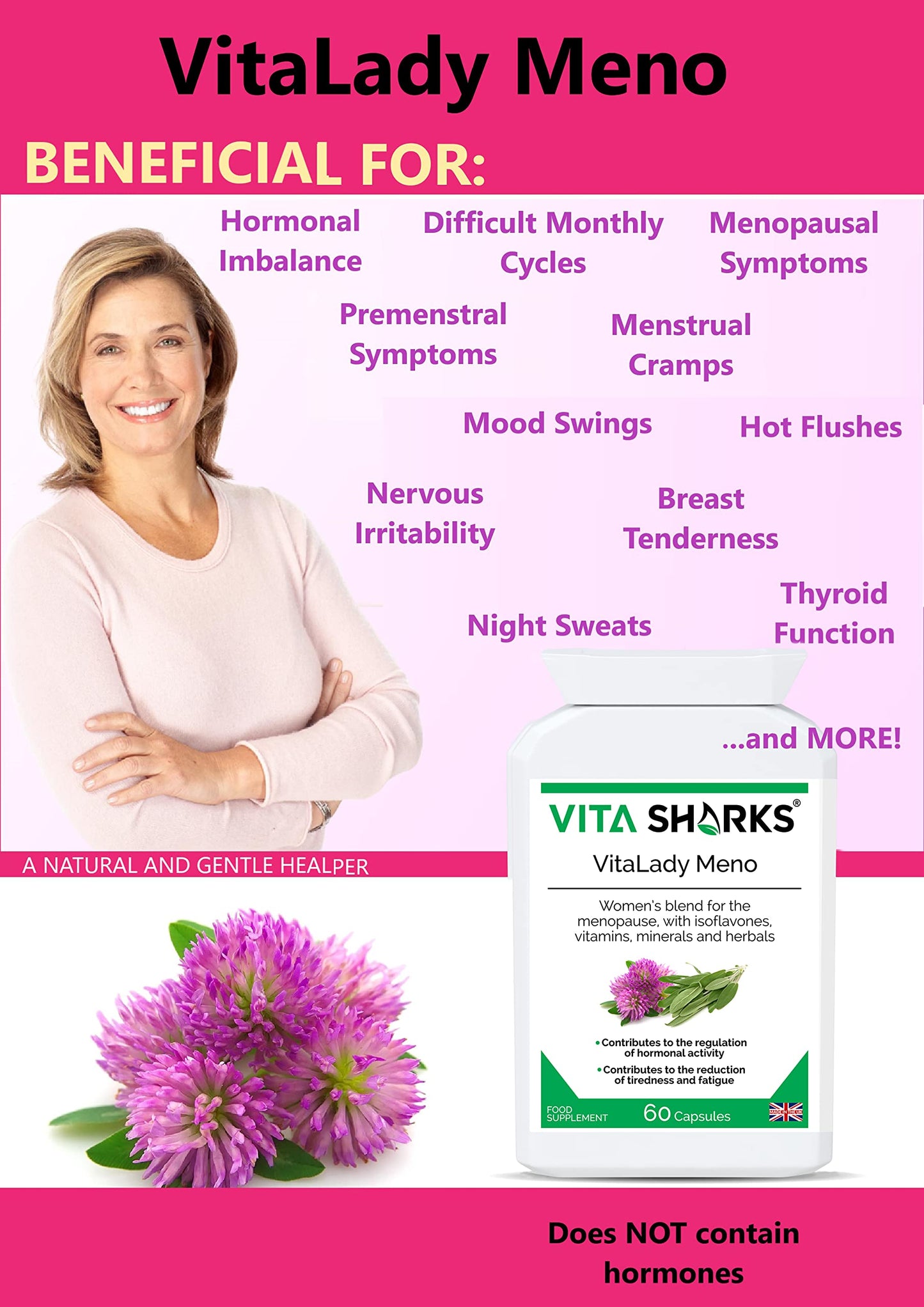 Vita Sharks VitaLady Meno for Natural Relief & Support of Menopause Symptoms & Hot Flashes, with 13 Potent Kosher Vegan Herbal Ingredients Including B6, Zinc & Isoflavones
