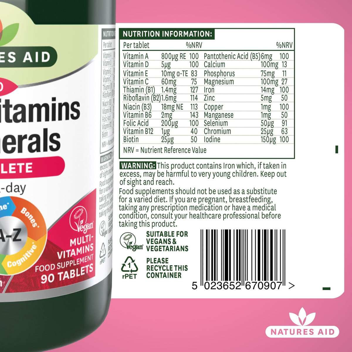 Natures Aid Multivitamins & Minerals – One-a-Day High Potency Daily Multi-Vitamin Supplement inc. B12 & Zinc – Supports Energy, Bones, Immunity, Hair, Nails – Vegan, Non-GMO, Gluten-Free – 90 Tablets