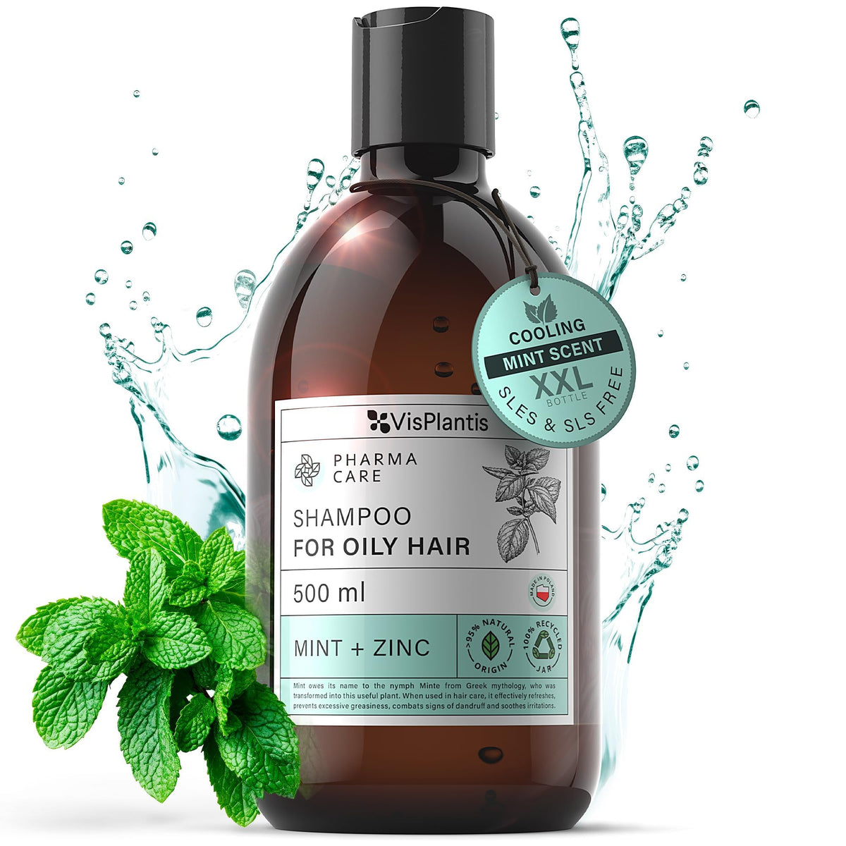 Vis Plantis Mint Shampoo for Oily Hair and Scalp with Zinc - Reduces Dandruff & Controls Sebum - 500ml Natural Shampoo for Greasy Hair and Roots - Silicone & Sulphate Free Itchy Scalp Treatment