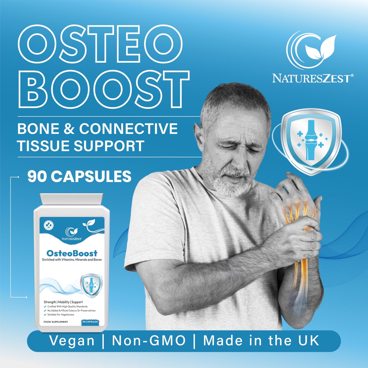 OsteoBoost Bone Support Supplement – Calcium, Vitamin D3, K2, Magnesium, Zinc, Boron for Strong Bones, Mobility & Joint Health, No Artificial Additives, 90 Vegetarian Capsules