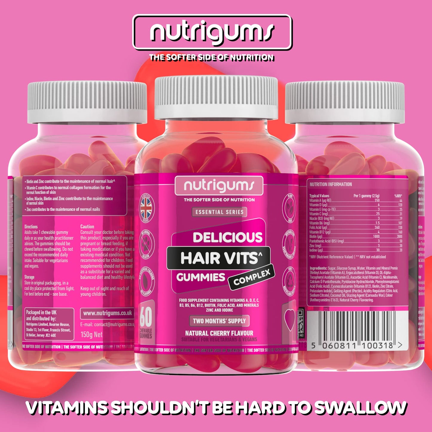 Nutrigums Hair Vitamin Biotin Complex Gummy | 12 Essential Vitamins containing Biotin, Vitamin C, Folic Acid and Zinc | Cherry Flavour | 60 Vegan Gummies | Maintain Healthy Hair Growth by NUTRIGUMS®