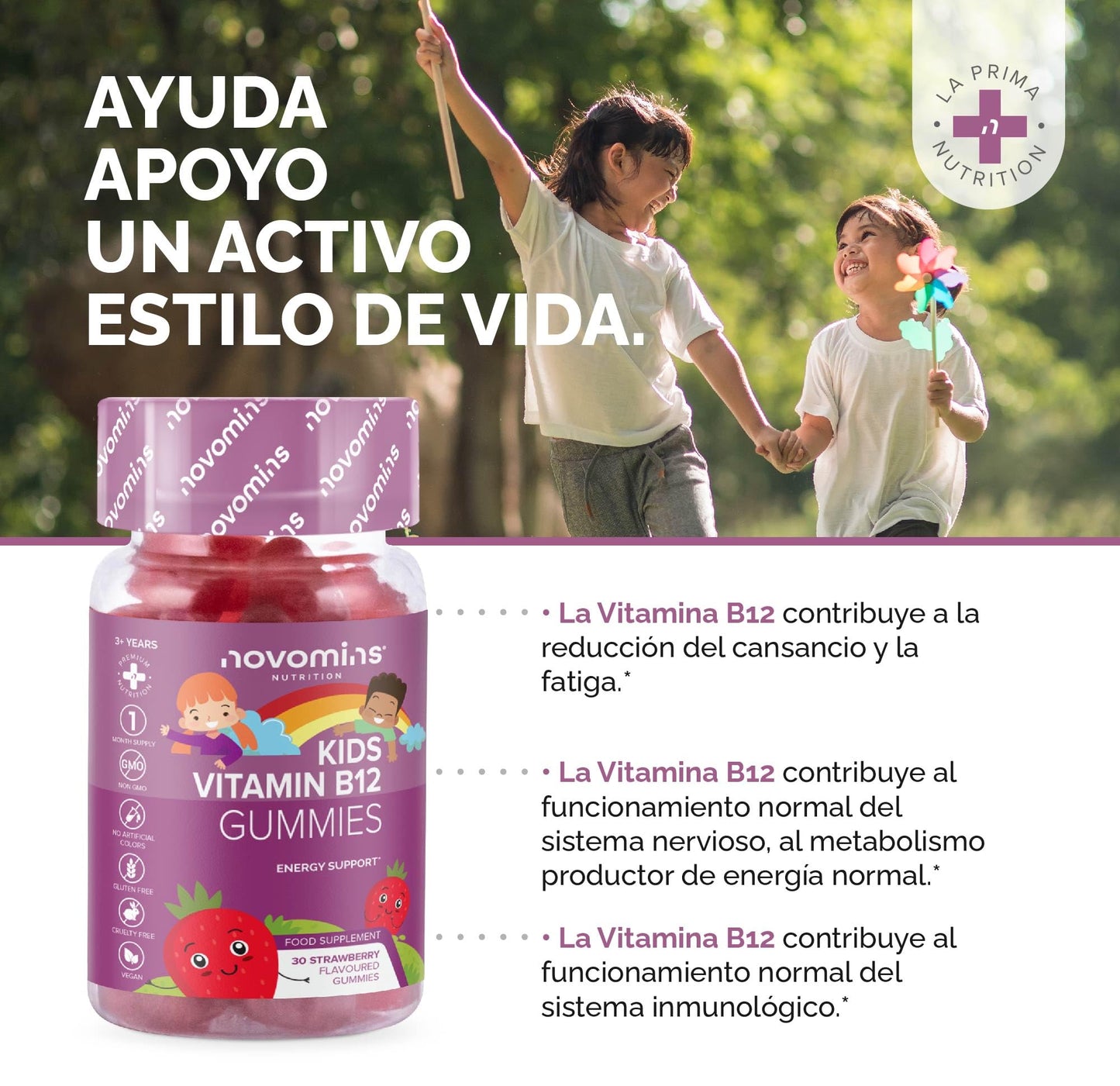 Kids Vitamin B12 Gummies - Energy & Metabolism Support Supplement - 30 Chewable Childrens B Complex Supplements – Vegan, Non-GMO - Enriched with Vitamin C, B1, B2, B6, Biotin - Made by Novomins
